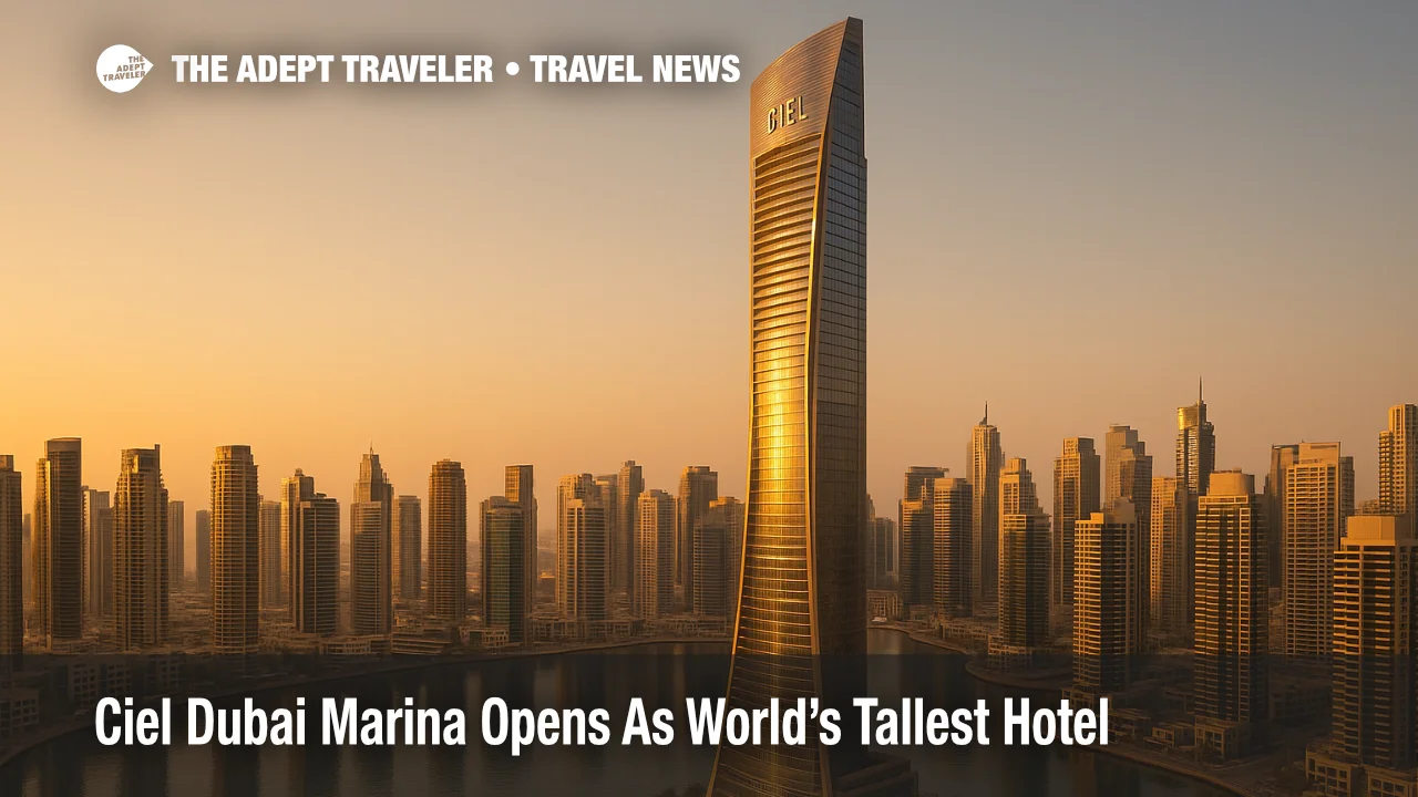 Ciel Dubai Marina tower rising above the Dubai Marina waterfront at sunset, highlighting the world's tallest hotel against nearby skyscrapers