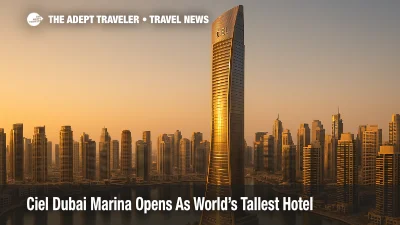 Ciel Dubai Marina tower rising above the Dubai Marina waterfront at sunset, highlighting the world's tallest hotel against nearby skyscrapers