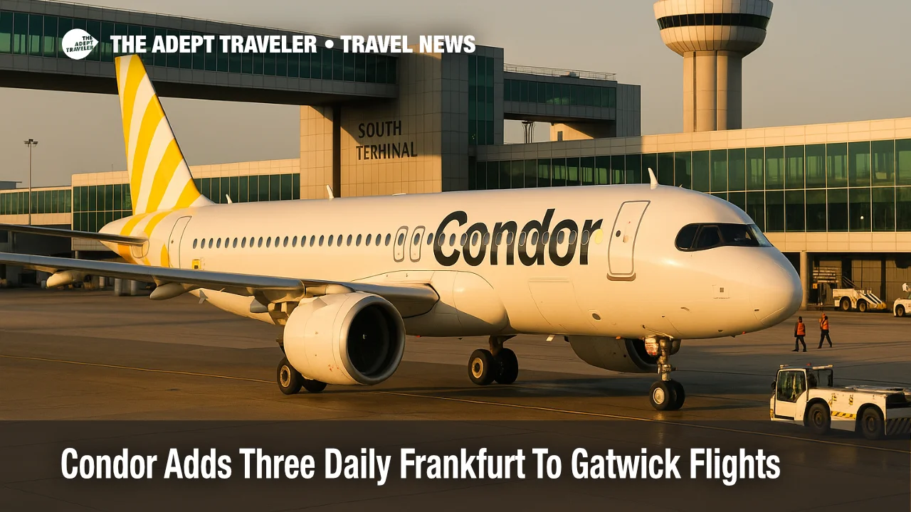 Condor Airbus A320neo taxiing at London Gatwick Airport, illustrating new triple daily Frankfurt to London Gatwick flights.