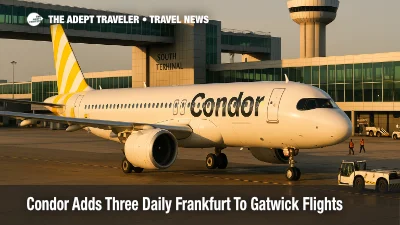 Condor Airbus A320neo taxiing at London Gatwick Airport, illustrating new triple daily Frankfurt to London Gatwick flights.