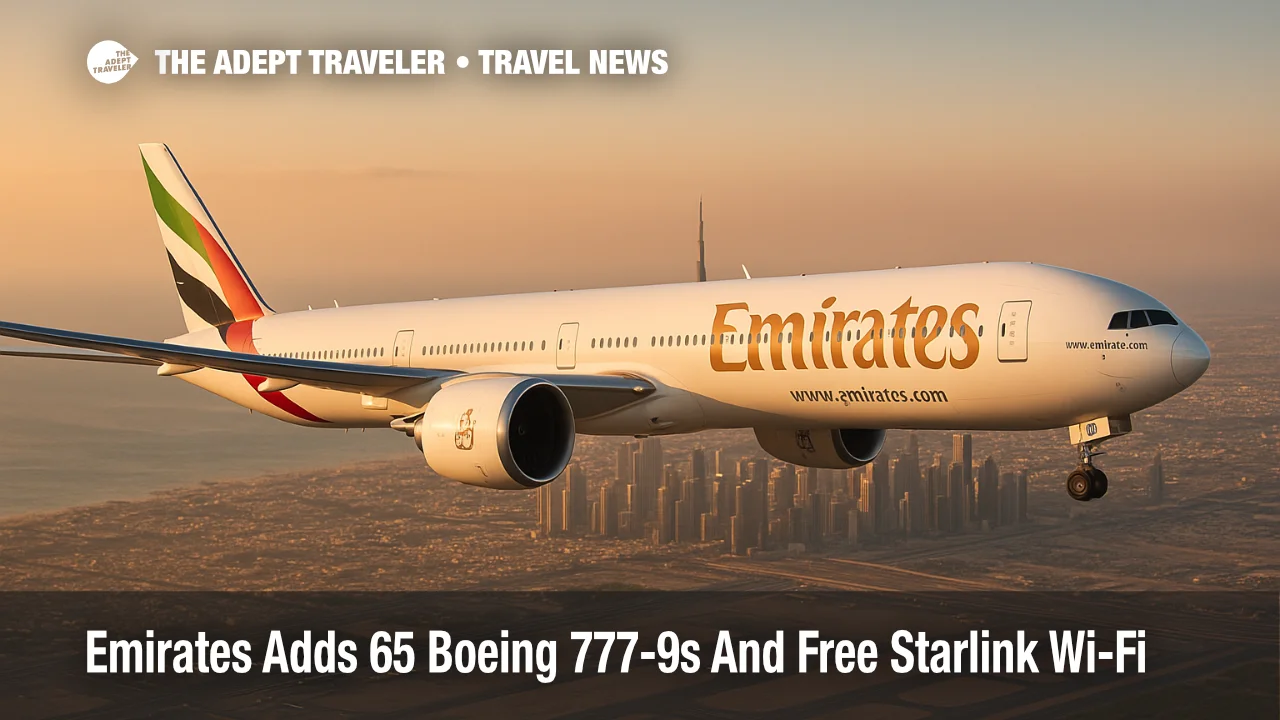 Emirates Boeing 777 9 in flight above Dubai at sunset, highlighting the carrier's new aircraft order and upcoming Starlink Wi Fi upgrade