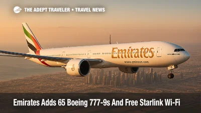 Emirates Boeing 777 9 in flight above Dubai at sunset, highlighting the carrier's new aircraft order and upcoming Starlink Wi Fi upgrade