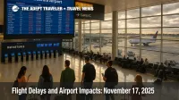 Travelers watching departure board at LaGuardia Airport as flight delays and airport impacts ease after the FAA lifts shutdown emergency schedule cuts