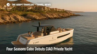 CIAO, the Four Seasons Cabo San Lucas private Pardo 50 yacht, anchored off the Baja coast in calm Sea of Cortez waters near the resort