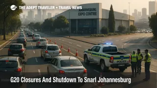Cars queue near Johannesburg Expo Centre in Nasrec during G20 road closures in Johannesburg, with police directing traffic