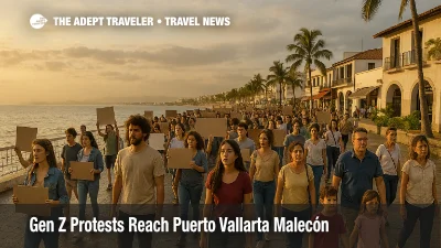 Peaceful Gen Z protests fill the Puerto Vallarta Malecón at sunset as marchers walk along the bayfront promenade.