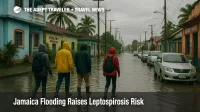 Shallow floodwater on a Montego Bay street after Hurricane Melissa, with travelers in boots walking past small guesthouses as health leptospirosis alerts rise in Jamaica