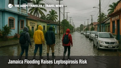 Shallow floodwater on a Montego Bay street after Hurricane Melissa, with travelers in boots walking past small guesthouses as health leptospirosis alerts rise in Jamaica