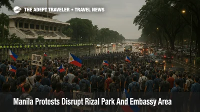 Large peaceful crowd gathers for Manila protests at Rizal Park near the U S Embassy, with police lines and closed roads causing heavy traffic