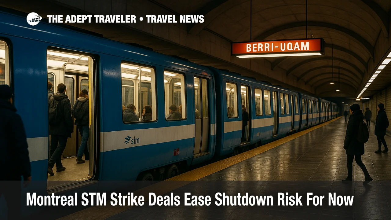 Montreal STM metro platform at Berri UQAM with blue line train boarding commuters during strike free late November service