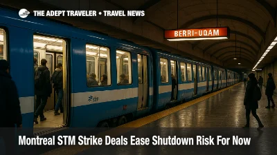 Montreal STM metro platform at Berri UQAM with blue line train boarding commuters during strike free late November service