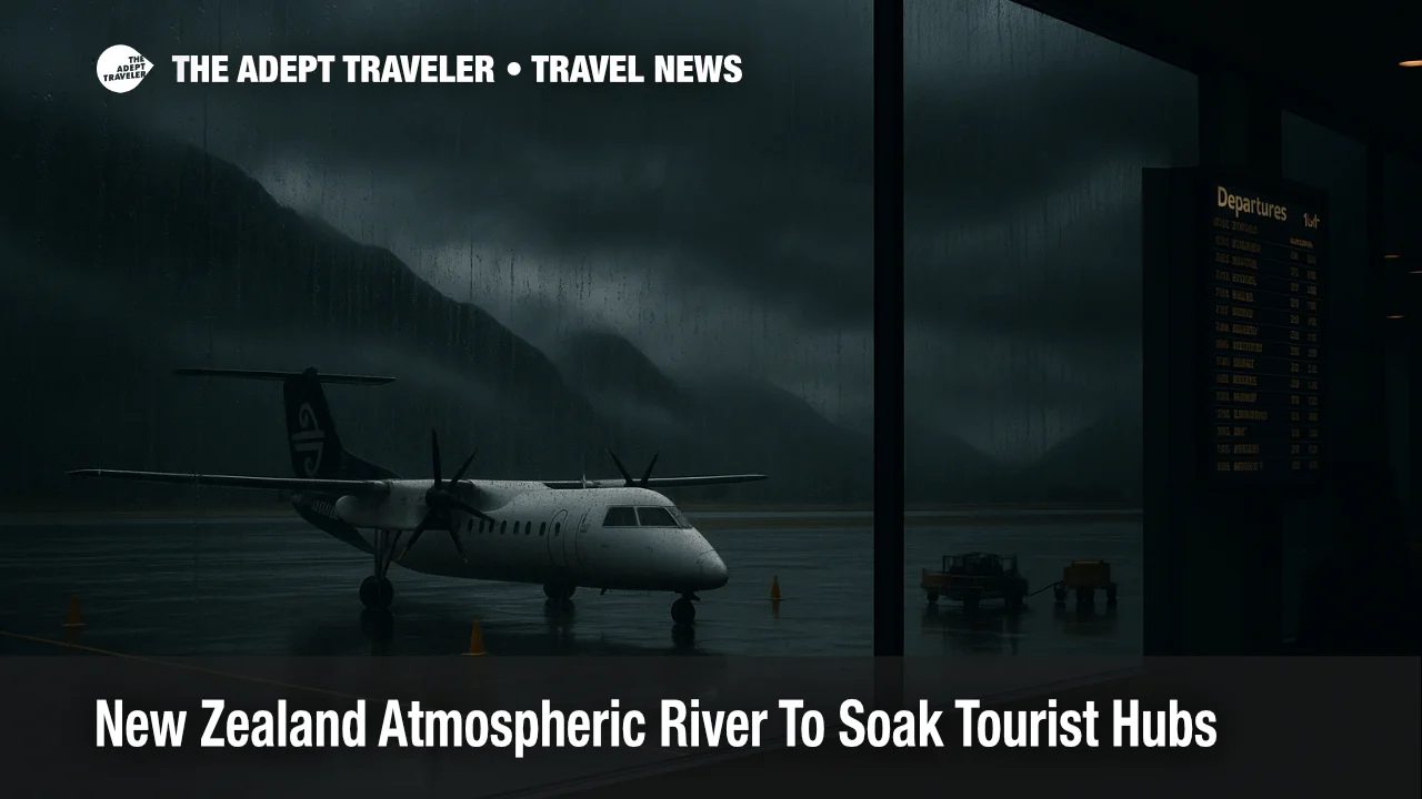 Heavy rain and low cloud over Queenstown Airport runway as an atmospheric river brings disruptive New Zealand storm conditions for travelers