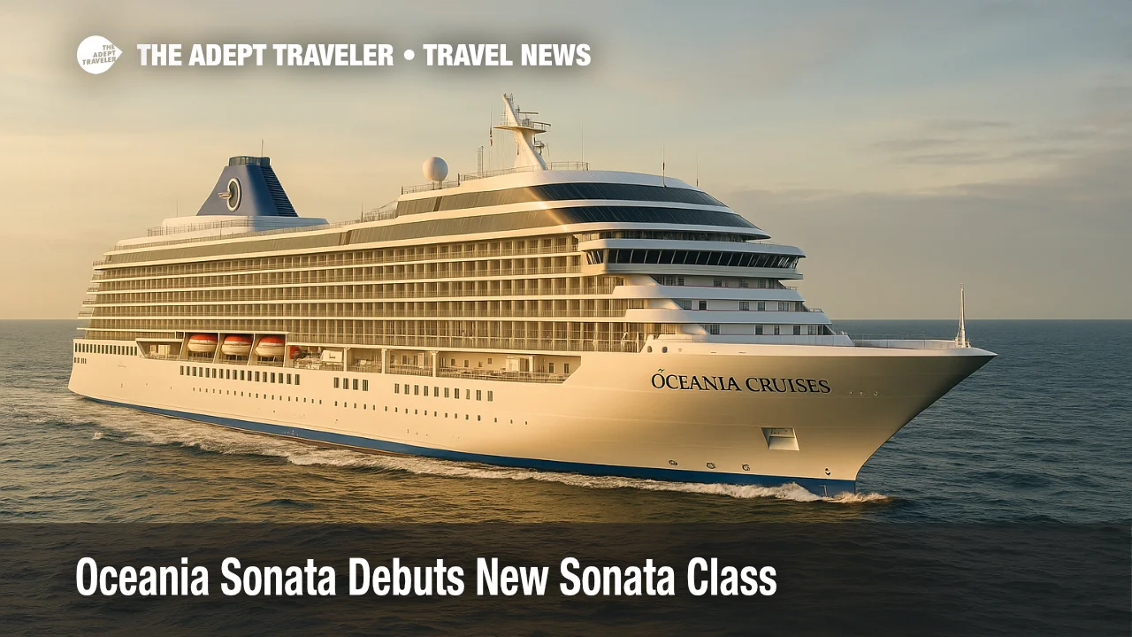 Oceania Sonata cruise ship sailing at sea under soft late afternoon light with crisp wake and Oceania Cruises branding visible on the hull