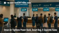 Travelers with smart bags and carry on luggage at Muscat International Airport check in counters under Oman Air lithium battery rules signage