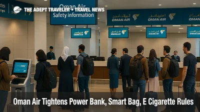 Travelers with smart bags and carry on luggage at Muscat International Airport check in counters under Oman Air lithium battery rules signage