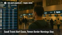 Traveler reading departures board inside King Khalid International Airport as Saudi travel alerts ease for city trips but Yemen border risks remain