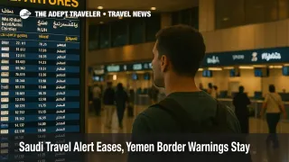 Traveler reading departures board inside King Khalid International Airport as Saudi travel alerts ease for city trips but Yemen border risks remain