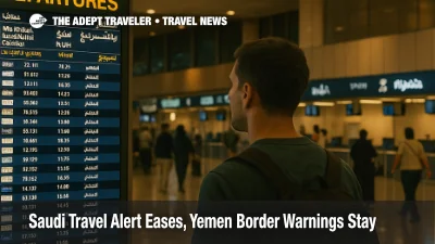 Traveler reading departures board inside King Khalid International Airport as Saudi travel alerts ease for city trips but Yemen border risks remain
