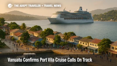 Late afternoon view of the Port Vila cruise port with tenders at the seafront and a cruise ship anchored offshore near town