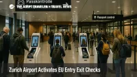 Travelers use biometric kiosks at Zurich Airport passport control for the EU Entry Exit System for non European visitors