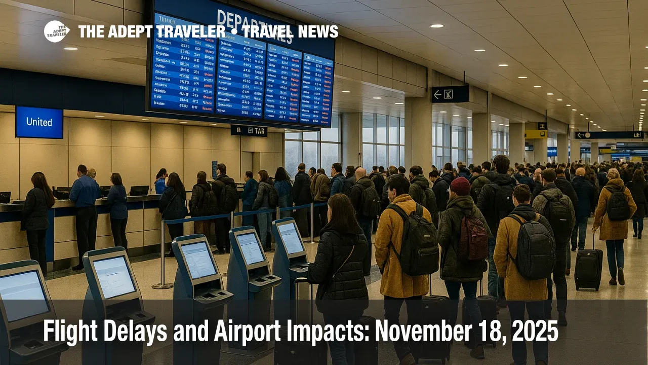 Travelers watch the departures board at Chicago O'Hare International Airport as flight delays appear on November 18, 2025