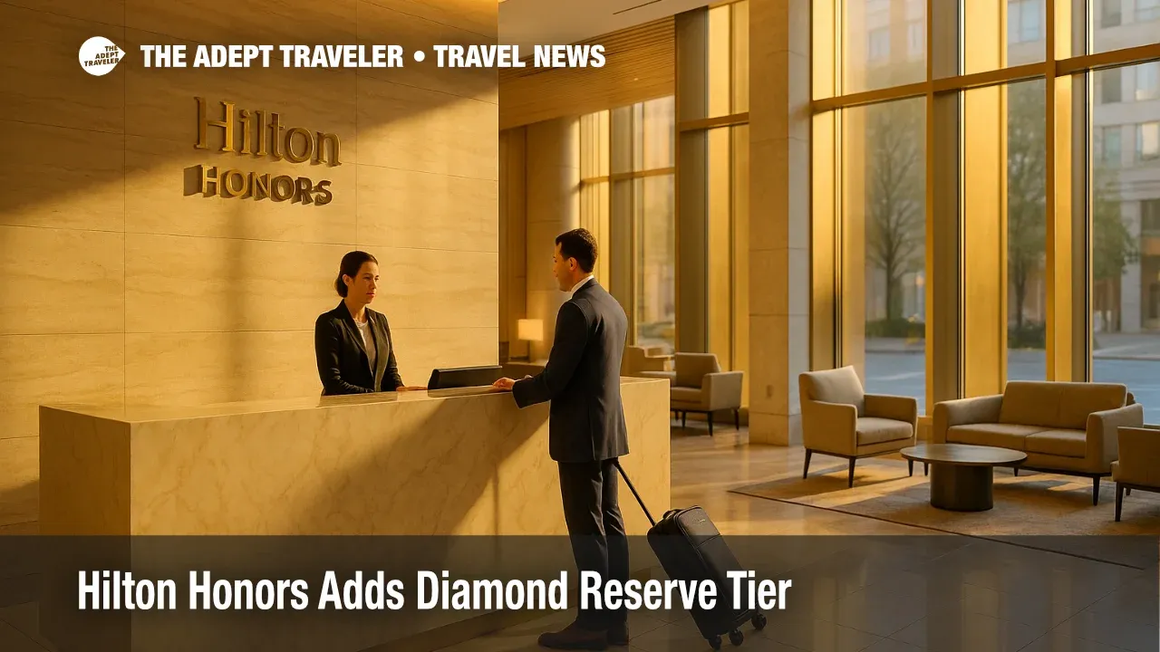 Conrad Washington DC lobby with a Hilton Honors Diamond Reserve guest checking in at a warm marble front desk in soft late afternoon light