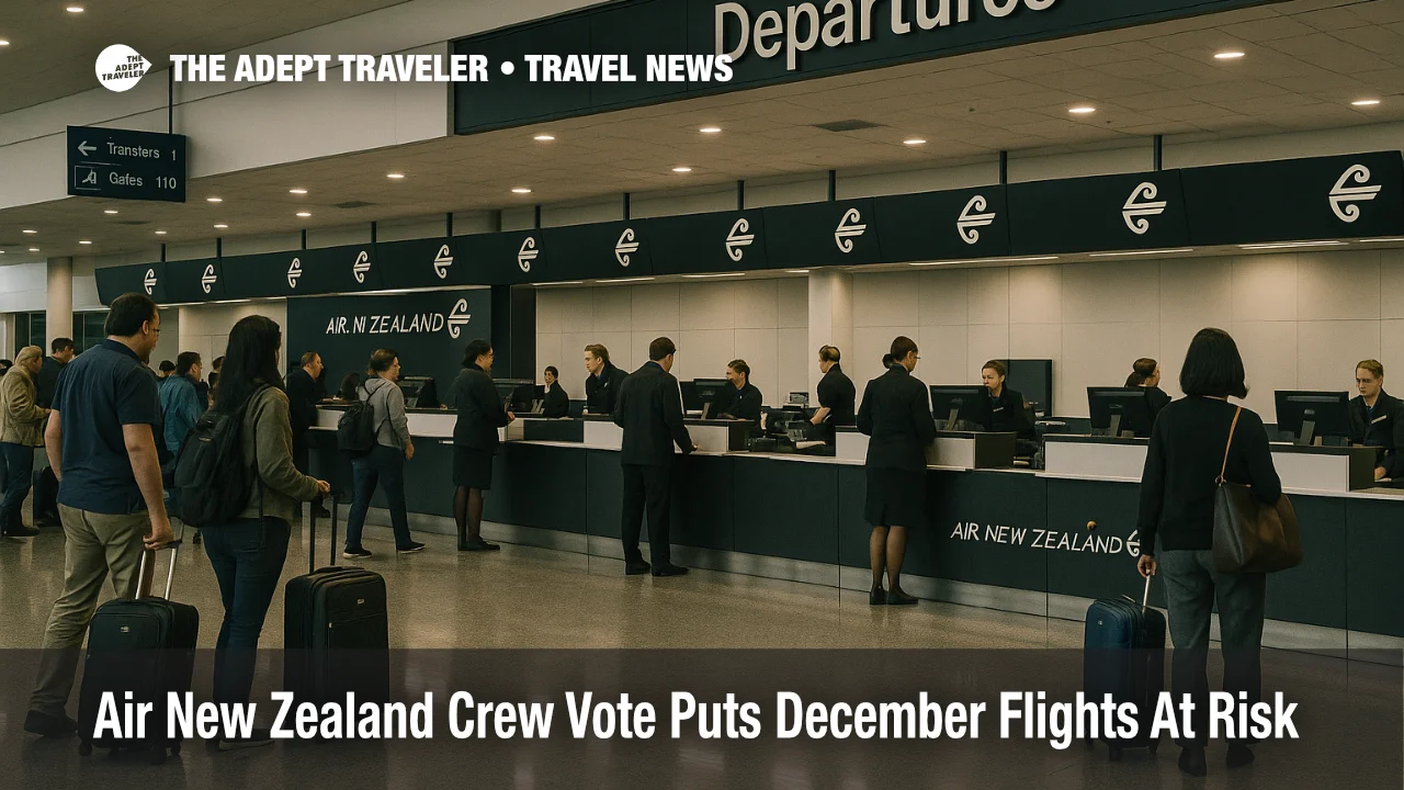 Air New Zealand cabin crew strike risk shown by passengers waiting at Auckland Airport check in before December flights