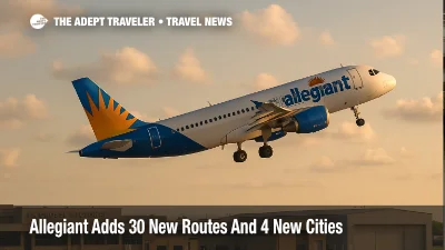 Allegiant Airbus A320 climbing away from La Crosse Regional Airport at golden hour, illustrating the airline's new nonstop routes for 2026