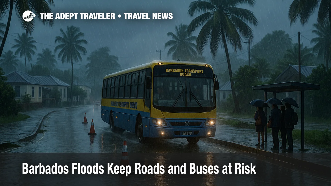 Barbados Transport Board bus on a flooded coastal road near Bridgetown as Barbados floods disrupt transfers and bus routes