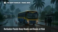 Barbados Transport Board bus on a flooded coastal road near Bridgetown as Barbados floods disrupt transfers and bus routes