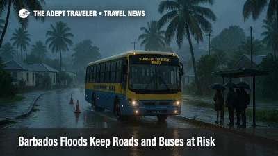 Barbados Transport Board bus on a flooded coastal road near Bridgetown as Barbados floods disrupt transfers and bus routes