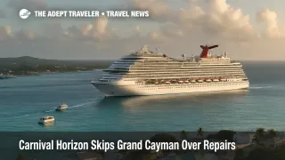 Carnival Horizon sits offshore from George Town Cruise Port in Grand Cayman while tenders idle at the pier after the ship cancels its scheduled port call over propulsion repairs