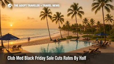 Club Med Punta Cana infinity pool and beach at sunset during the Club Med Black Friday sale, with guests relaxing along the palm lined shoreline