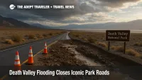 Flood damaged road in Death Valley National Park with mud, rocks, and traffic cones blocking a lane after November flooding closes popular scenic drives