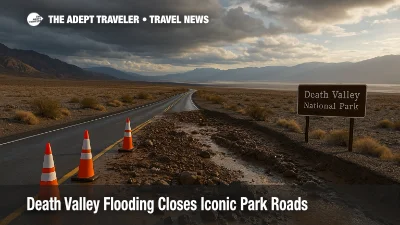 Flood damaged road in Death Valley National Park with mud, rocks, and traffic cones blocking a lane after November flooding closes popular scenic drives