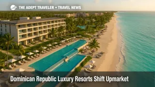 Aerial view of Dominican Republic luxury resorts along Punta Cana's beach and turquoise water under a bright tropical sky