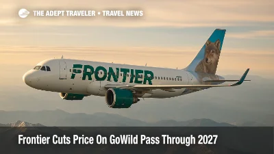 Frontier Airlines Airbus A321neo flying above the Rocky Mountains, illustrating the discounted Frontier GoWild Pass sale through April 2027
