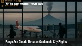 View from La Aurora terminal of jet at gate with Fuego volcano ash plume on horizon, highlighting Guatemala City flight disruption risk