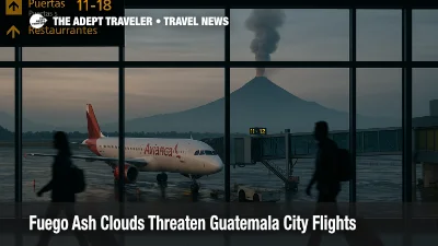 View from La Aurora terminal of jet at gate with Fuego volcano ash plume on horizon, highlighting Guatemala City flight disruption risk