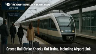 Passengers wait with luggage on the Athens airport rail platform during the Greece rail strike as a limited suburban train service operates in the background