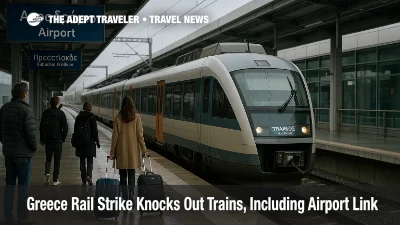 Passengers wait with luggage on the Athens airport rail platform during the Greece rail strike as a limited suburban train service operates in the background
