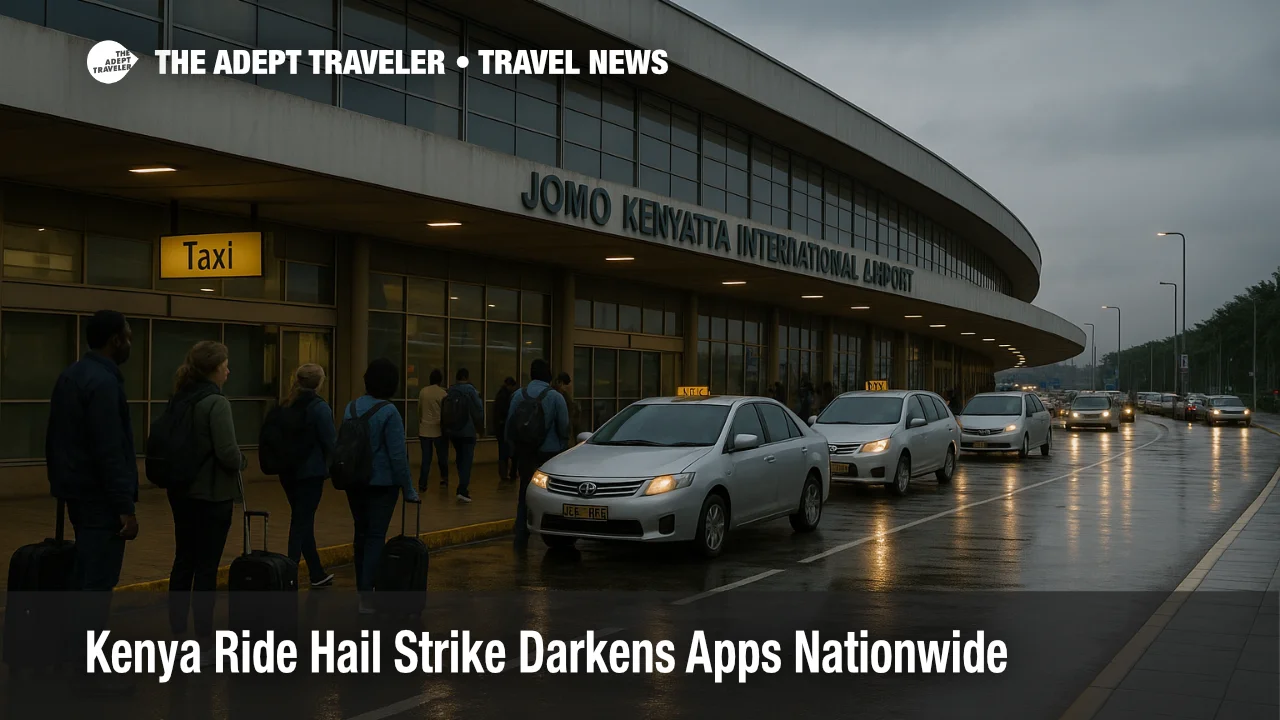 Travelers waiting at Jomo Kenyatta International Airport taxi stand amid a Kenya ride hail strike with fewer cars than usual