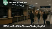 Closed HMSHost coffee and fast food counters in MSP Terminal 1 with travelers walking past, illustrating the MSP airport food strike threat over Thanksgiving week
