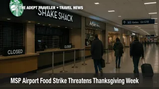 Closed HMSHost coffee and fast food counters in MSP Terminal 1 with travelers walking past, illustrating the MSP airport food strike threat over Thanksgiving week