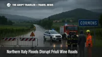Flooded rural road near Cormons in Friuli Venezia Giulia after northern Italy floods, with vineyards and emergency crews