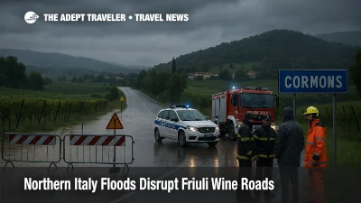 Flooded rural road near Cormons in Friuli Venezia Giulia after northern Italy floods, with vineyards and emergency crews