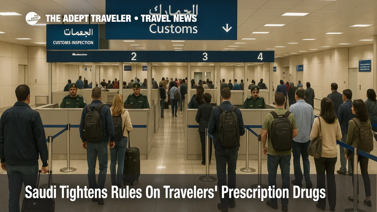 Travelers queue at King Khalid International Airport customs counters, illustrating Saudi Arabia's new controlled prescription medication permit rules