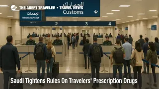 Travelers queue at King Khalid International Airport customs counters, illustrating Saudi Arabia's new controlled prescription medication permit rules