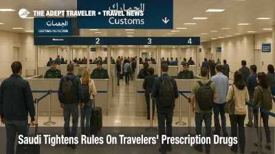 Travelers queue at King Khalid International Airport customs counters, illustrating Saudi Arabia's new controlled prescription medication permit rules
