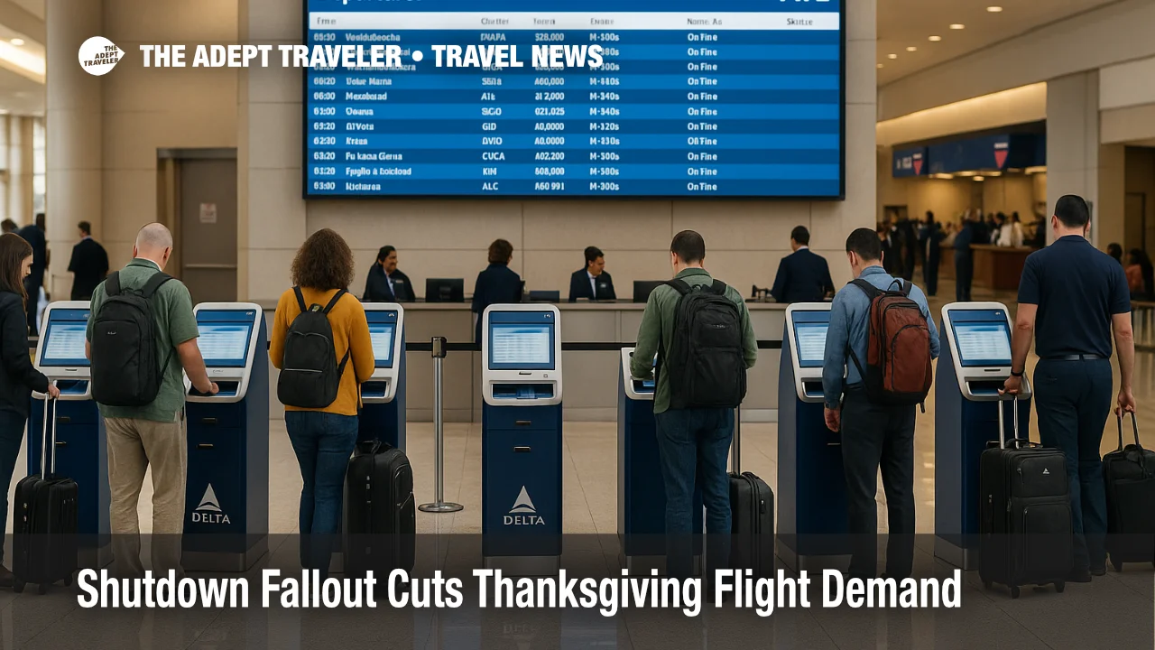Travelers line up at check in kiosks at Atlanta airport as Thanksgiving flight bookings soften after government shutdown cuts